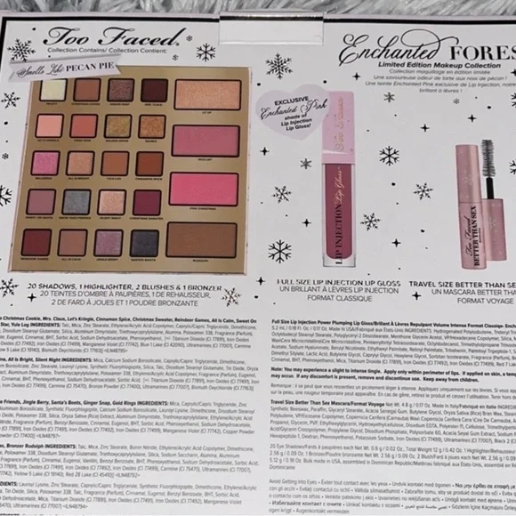 Too Faced Enchanted Eyeshadow Palette with Pink Lip Gloss and travel Mascara